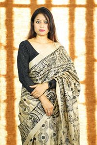 Picture of Bihar Khadi Tussar Silk Saree in Natural Color with Handpainted Madhubani Art