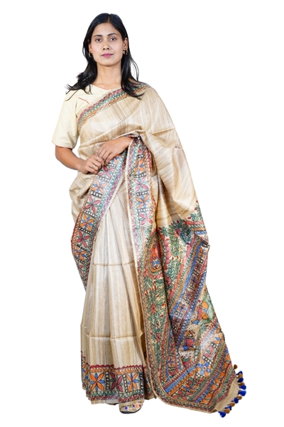 Picture of Hand Woven Silk Saree with  hand-painted Madhubani artwork