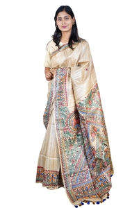 Picture of Hand Woven Silk Saree with  hand-painted Madhubani artwork