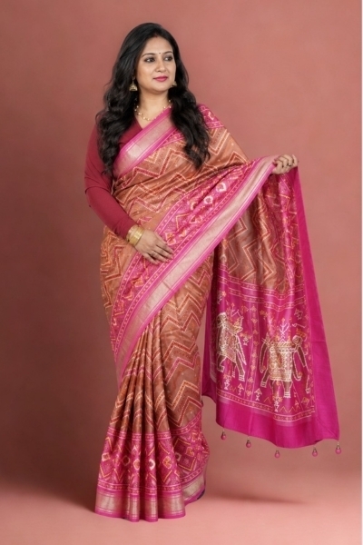 Picture of Malwari Patola Saree – Brown & Pink Color