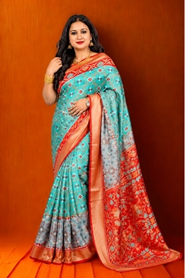 Picture of Malwari Patola Saree – Green & Orange Color