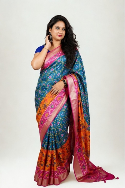 Picture of Malwari Patola Saree – Turquoise, Orange & Pink Color