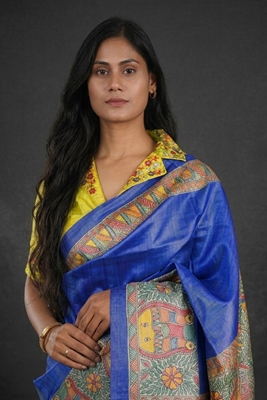 Picture of Hand Woven Silk Saree with  hand-painted Madhubani artwork