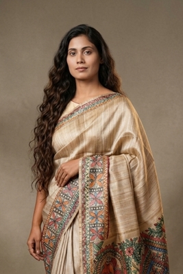 Picture of Hand Woven Silk Saree with  hand-painted Madhubani artwork