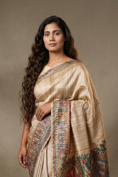 Picture of Hand Woven Silk Saree with  hand-painted Madhubani artwork