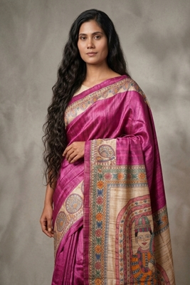 Picture of Hand Woven Silk Saree with  hand-painted Madhubani artwork
