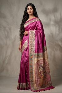 Picture of Hand Woven Silk Saree with  hand-painted Madhubani artwork