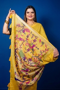 Picture of Bihar Khadi Bafda Silk Yellow Saree with Handcrafted Floral Pallu