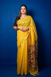 Picture of Bihar Khadi Bafda Silk Yellow Saree with Handcrafted Floral Pallu
