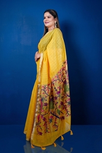 Picture of Bihar Khadi Bafda Silk Yellow Saree with Handcrafted Floral Pallu