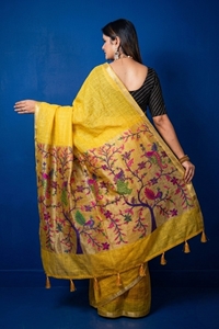 Picture of Bihar Khadi Bafda Silk Yellow Saree with Handcrafted Floral Pallu