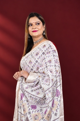 Picture of Bihar Khadi Raw Silk White Printed Saree with Traditional Motifs