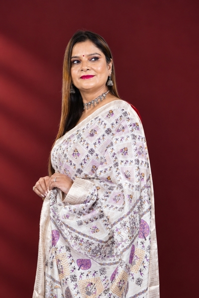 Picture of Bihar Khadi Raw Silk White Printed Saree with Traditional Motifs