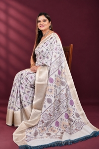 Picture of Bihar Khadi Raw Silk White Printed Saree with Traditional Motifs