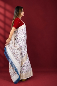 Picture of Bihar Khadi Raw Silk White Printed Saree with Traditional Motifs
